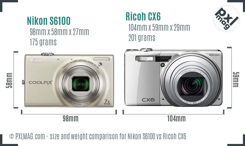 Nikon S6100 vs Ricoh CX6 size comparison