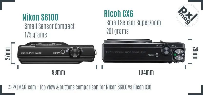 Nikon S6100 vs Ricoh CX6 top view buttons comparison