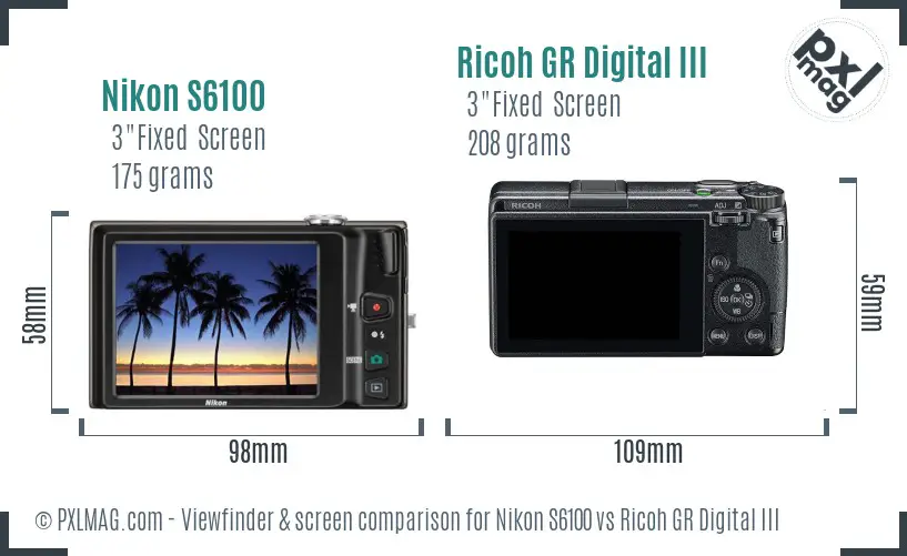 Nikon S6100 vs Ricoh GR Digital III Screen and Viewfinder comparison