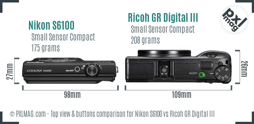 Nikon S6100 vs Ricoh GR Digital III top view buttons comparison