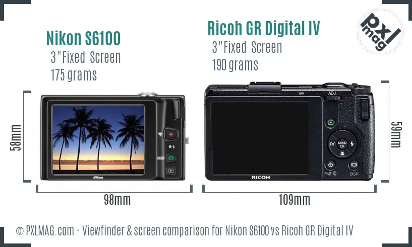 Nikon S6100 vs Ricoh GR Digital IV Screen and Viewfinder comparison