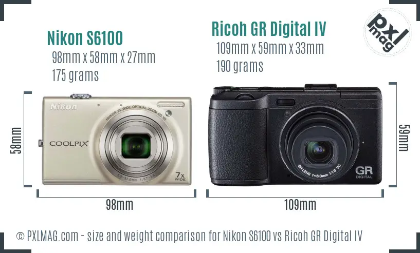 Nikon S6100 vs Ricoh GR Digital IV size comparison
