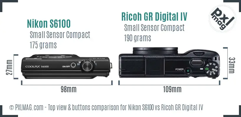 Nikon S6100 vs Ricoh GR Digital IV top view buttons comparison