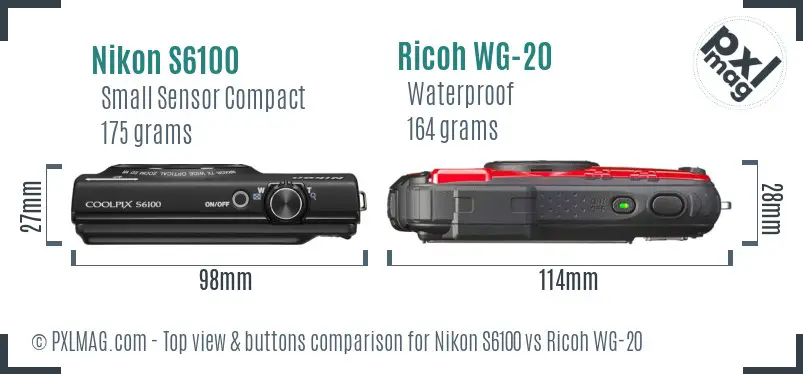 Nikon S6100 vs Ricoh WG-20 top view buttons comparison Nikon S6100 vs Ricoh WG-20 top view buttons comparison