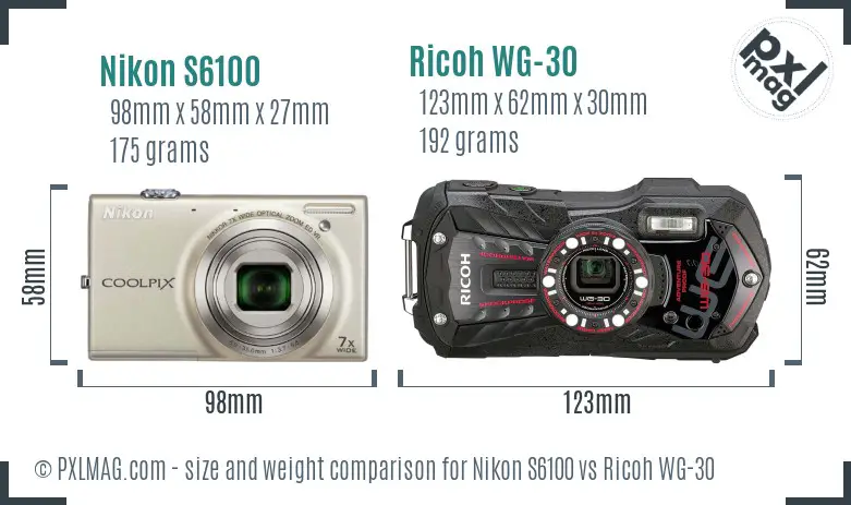 Nikon S6100 vs Ricoh WG-30 size comparison