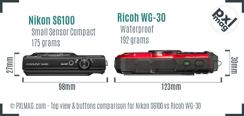 Nikon S6100 vs Ricoh WG-30 top view buttons comparison