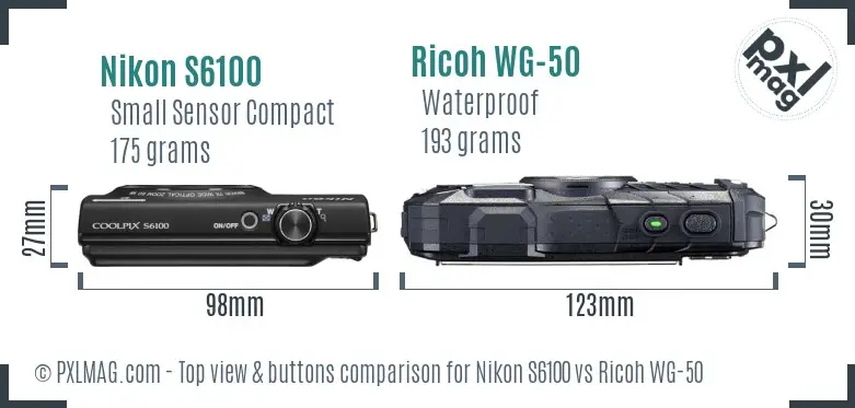 Nikon S6100 vs Ricoh WG-50 top view buttons comparison Nikon S6100 vs Ricoh WG-50 top view buttons comparison