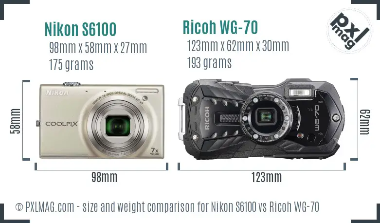 Nikon S6100 vs Ricoh WG-70 size comparison