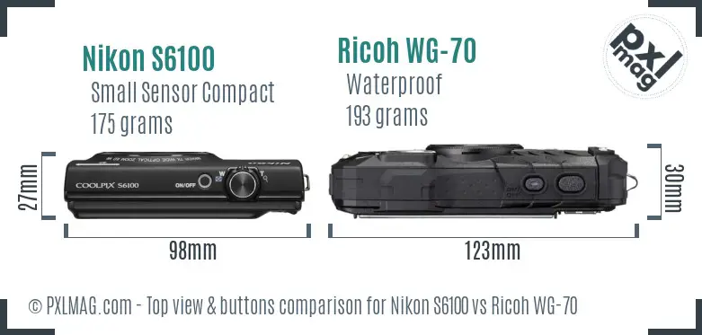 Nikon S6100 vs Ricoh WG-70 top view buttons comparison