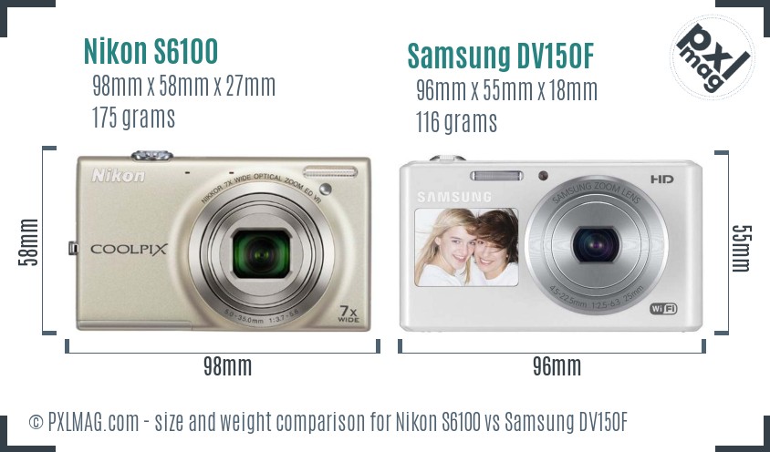 Nikon S6100 vs Samsung DV150F size comparison