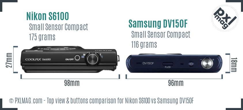Nikon S6100 vs Samsung DV150F top view buttons comparison