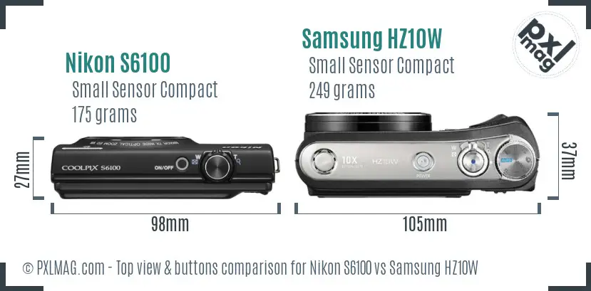 Nikon S6100 vs Samsung HZ10W top view buttons comparison