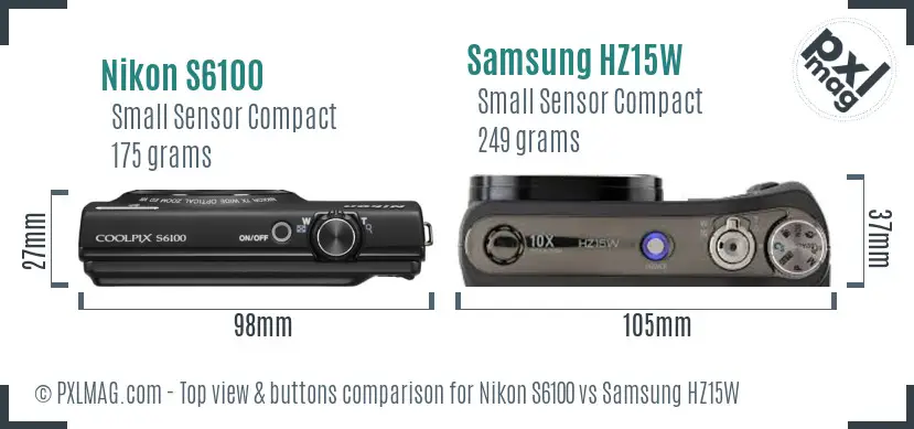 Nikon S6100 vs Samsung HZ15W top view buttons comparison
