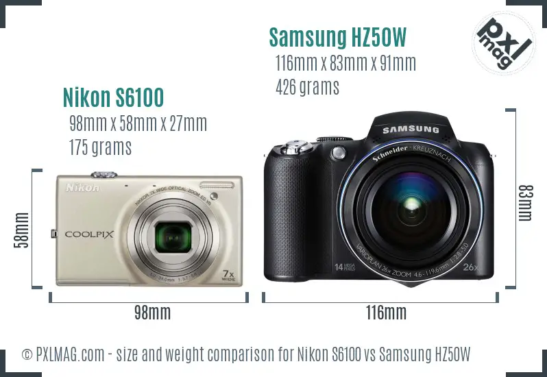 Nikon S6100 vs Samsung HZ50W size comparison