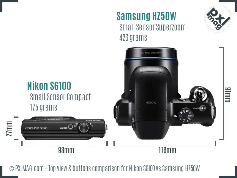 Nikon S6100 vs Samsung HZ50W top view buttons comparison