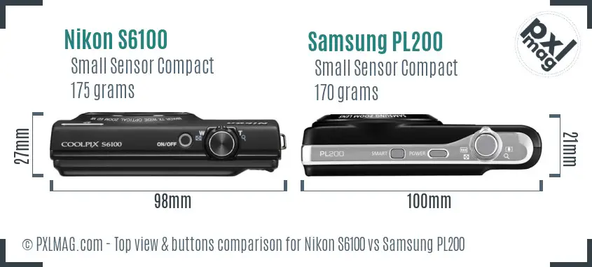 Nikon S6100 vs Samsung PL200 top view buttons comparison