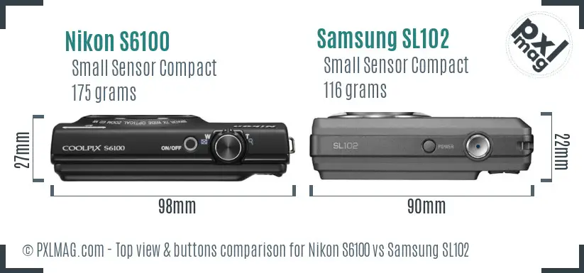 Nikon S6100 vs Samsung SL102 top view buttons comparison