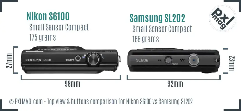 Nikon S6100 vs Samsung SL202 top view buttons comparison Nikon S6100 vs Samsung SL202 top view buttons comparison