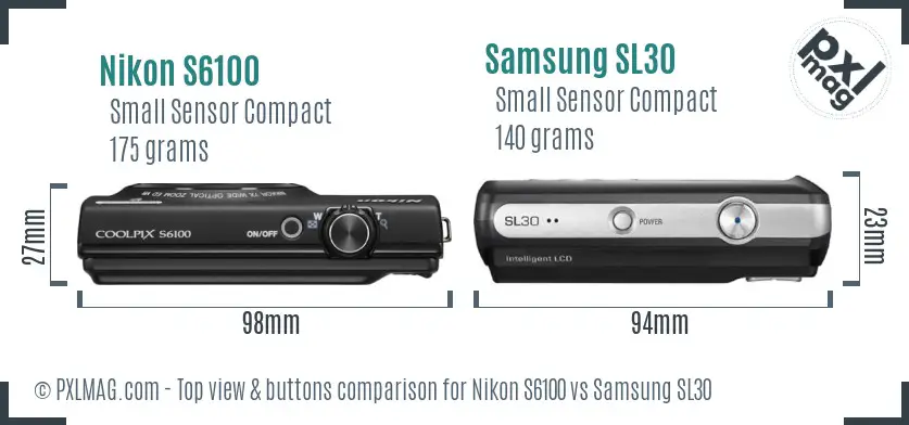 Nikon S6100 vs Samsung SL30 top view buttons comparison