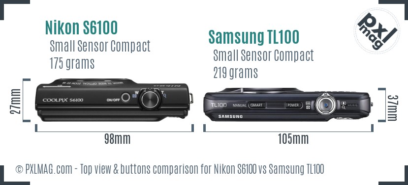 Nikon S6100 vs Samsung TL100 top view buttons comparison