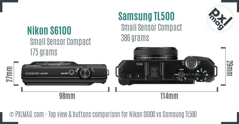 Nikon S6100 vs Samsung TL500 top view buttons comparison