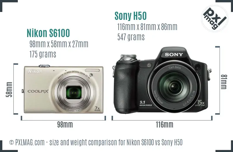 Nikon S6100 vs Sony H50 size comparison
