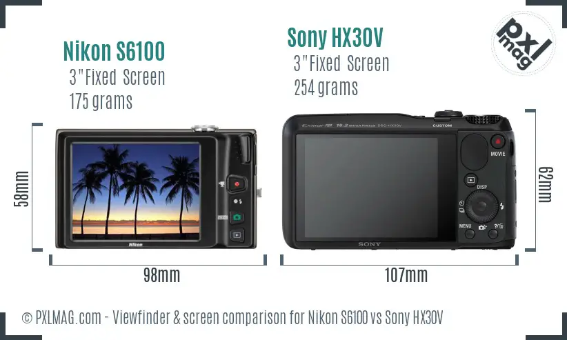 Nikon S6100 vs Sony HX30V Screen and Viewfinder comparison