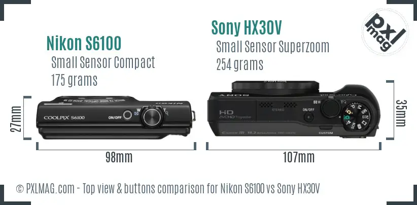 Nikon S6100 vs Sony HX30V top view buttons comparison