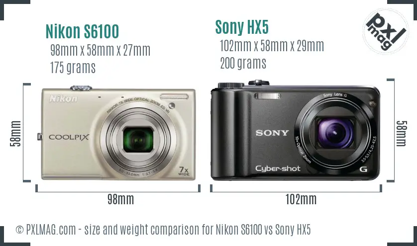 Nikon S6100 vs Sony HX5 size comparison