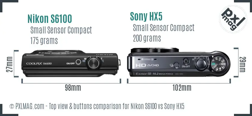 Nikon S6100 vs Sony HX5 top view buttons comparison