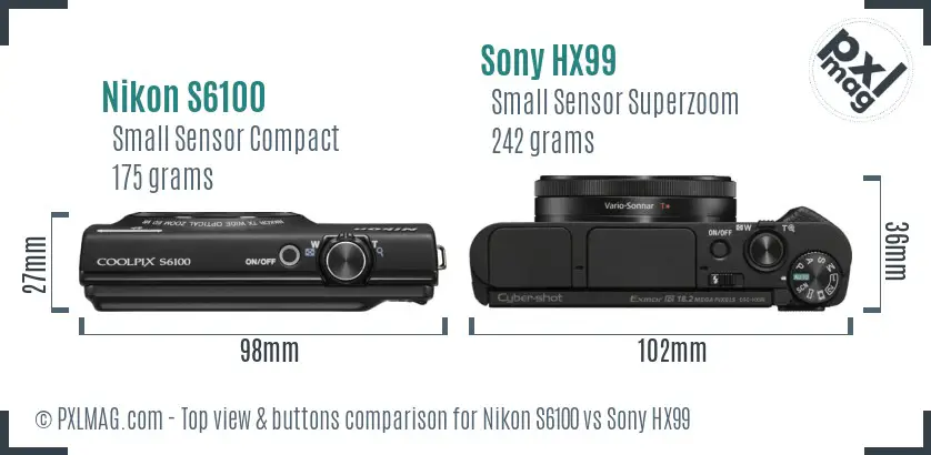 Nikon S6100 vs Sony HX99 top view buttons comparison