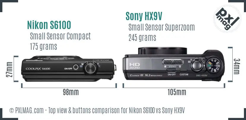 Nikon S6100 vs Sony HX9V top view buttons comparison