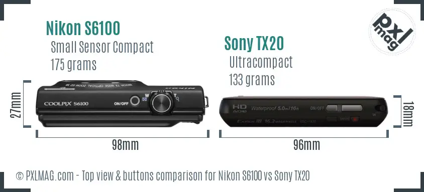 Nikon S6100 vs Sony TX20 top view buttons comparison