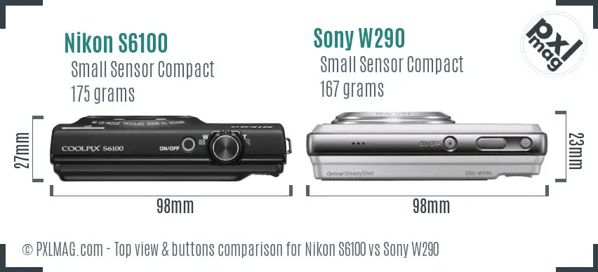 Nikon S6100 vs Sony W290 top view buttons comparison