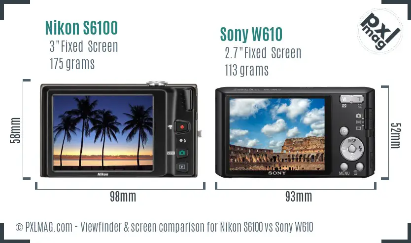 Nikon S6100 vs Sony W610 Screen and Viewfinder comparison