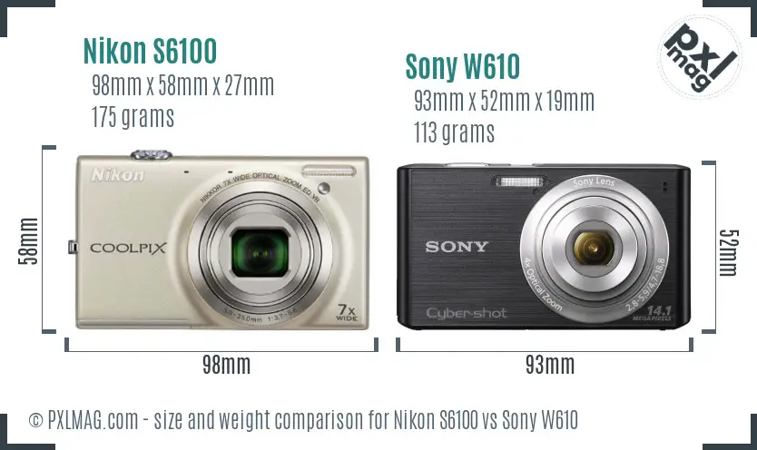 Nikon S6100 vs Sony W610 size comparison