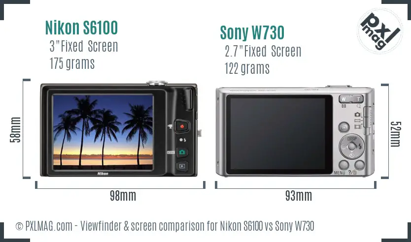 Nikon S6100 vs Sony W730 Screen and Viewfinder comparison