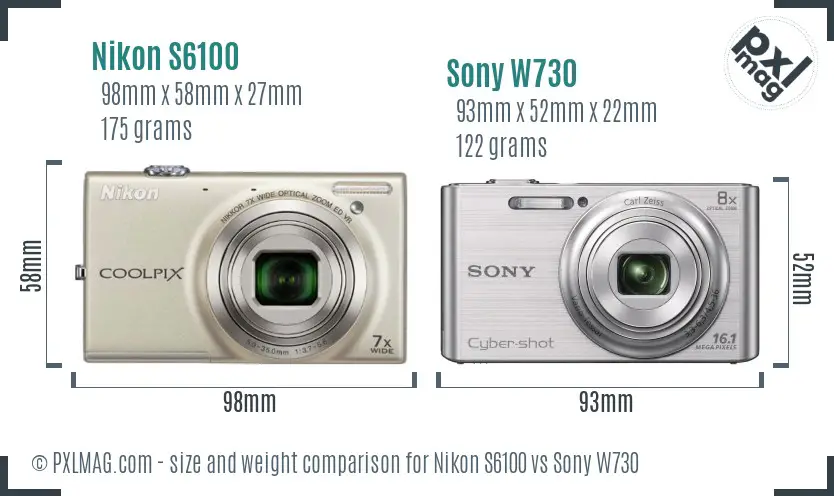 Nikon S6100 vs Sony W730 size comparison