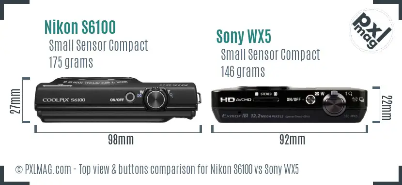 Nikon S6100 vs Sony WX5 top view buttons comparison