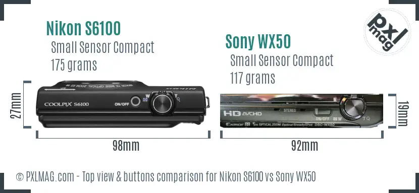 Nikon S6100 vs Sony WX50 top view buttons comparison Nikon S6100 vs Sony WX50 top view buttons comparison