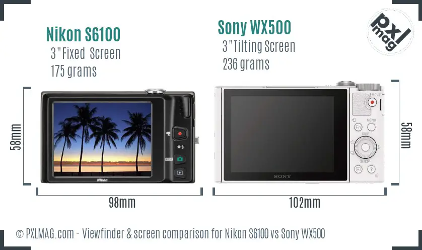 Nikon S6100 vs Sony WX500 Screen and Viewfinder comparison