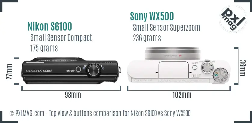Nikon S6100 vs Sony WX500 top view buttons comparison