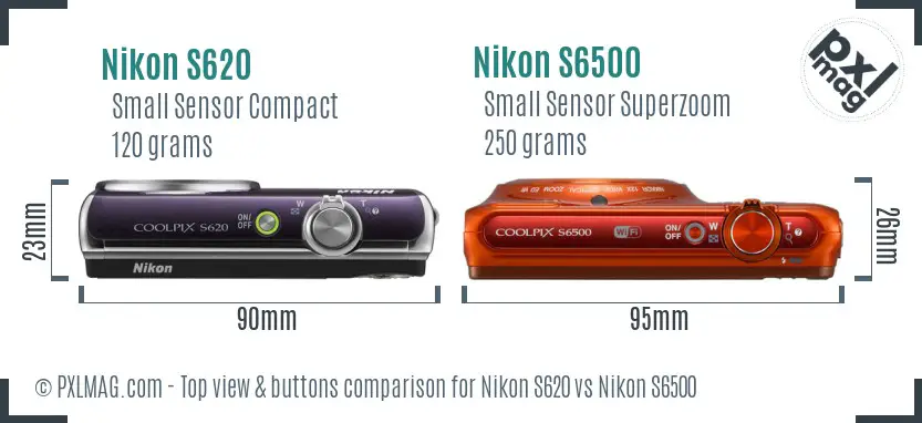 Nikon S620 vs Nikon S6500 top view buttons comparison