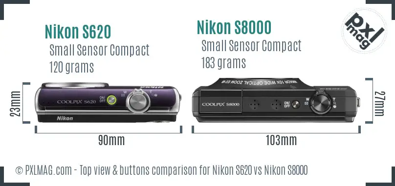 Nikon S620 vs Nikon S8000 top view buttons comparison