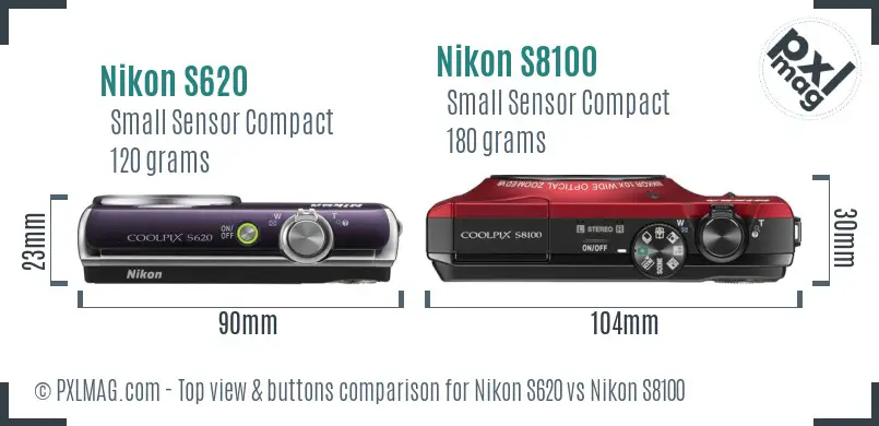 Nikon S620 vs Nikon S8100 top view buttons comparison