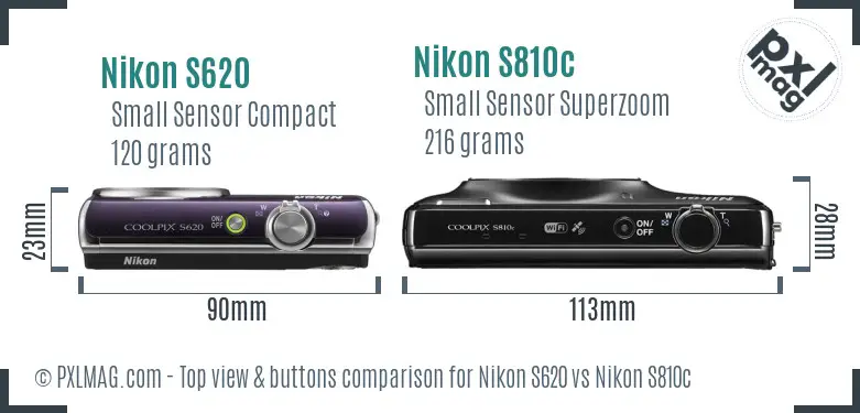 Nikon S620 vs Nikon S810c top view buttons comparison