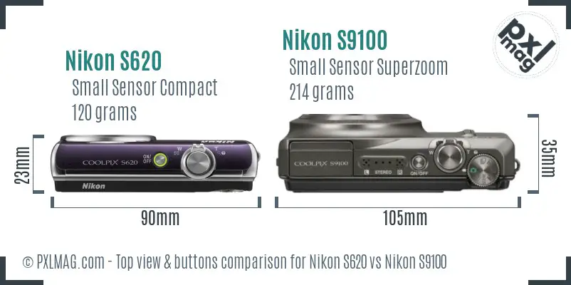 Nikon S620 vs Nikon S9100 top view buttons comparison