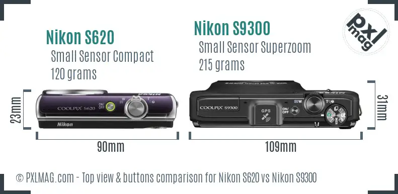 Nikon S620 vs Nikon S9300 top view buttons comparison