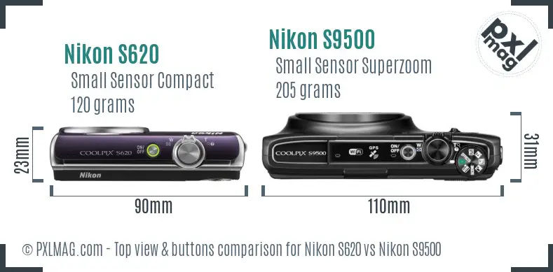 Nikon S620 vs Nikon S9500 top view buttons comparison