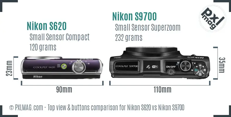 Nikon S620 vs Nikon S9700 top view buttons comparison